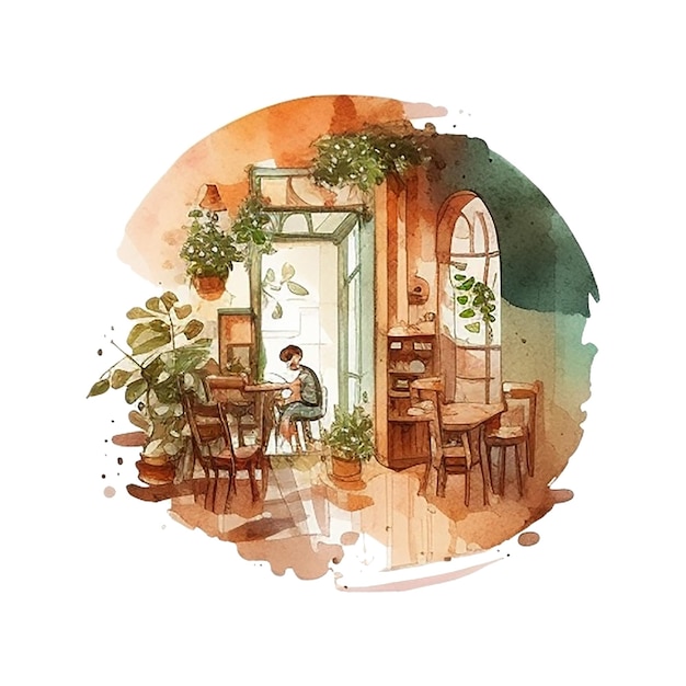 Ilustración acuarela de un café con un interior acogedor, una gran ventana iluminada y plantas verdes