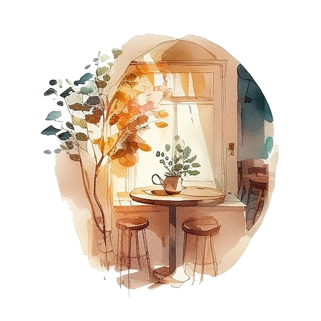 Ilustración acuarela de un café con un interior acogedor, una gran ventana iluminada y plantas verdes