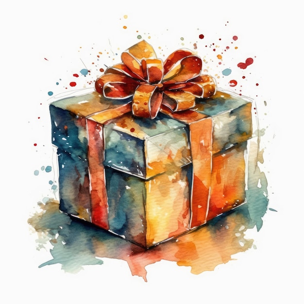 Ilustración acuarela de una caja de regalo con un lazo