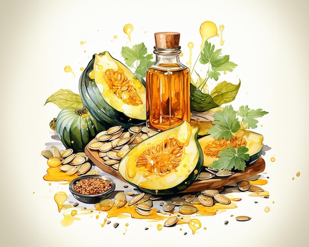 Ilustración acuarela calabaza aceite de semilla de calabaza en una botella salpicaduras de aceite pancarta de alimentación saludable generada por IA