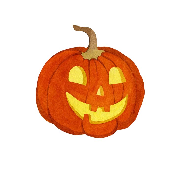 Ilustración acuarela de una calabaza grande sobre el tema de Halloween