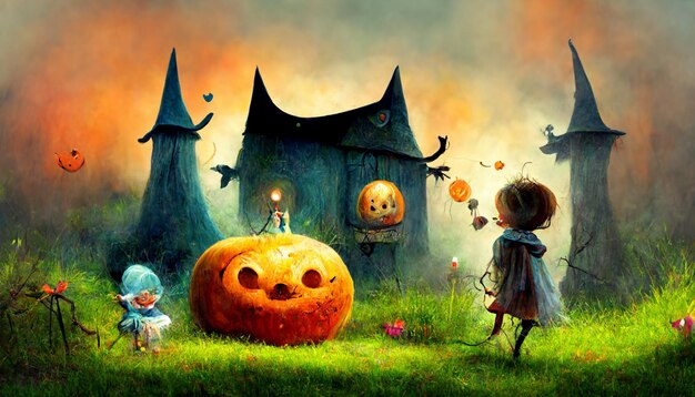 Foto ilustración de acuarela de calabaza de halloween.ilustración 3d.utilice técnicas de desenfoque de pintura digital.