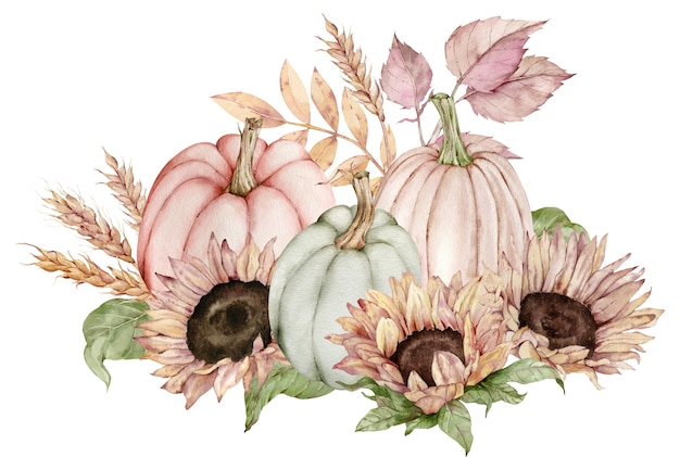 Ilustración acuarela de calabazas decoradas con girasoles, hojas de otoño y espigas de trigo