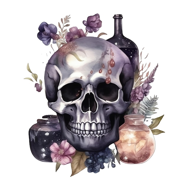 Ilustración acuarela de calavera gótica