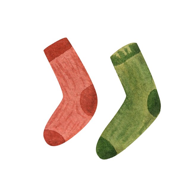 Ilustración de acuarela de calcetín rojo y verde