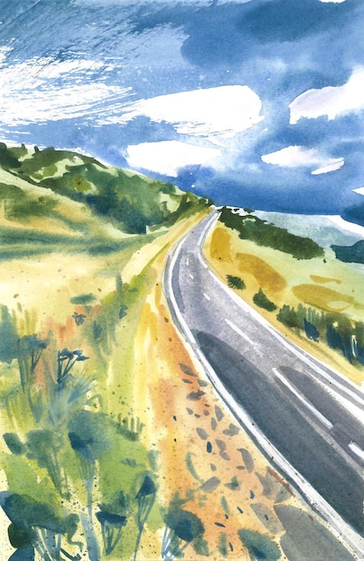 Ilustración de acuarela El camino va más allá del horizonte Paisaje idílico
