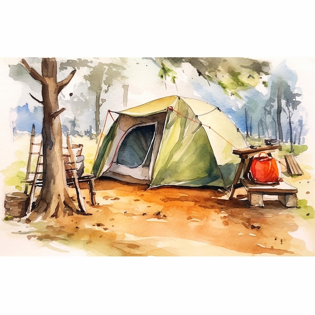 Ilustración en acuarela del campamento de verano