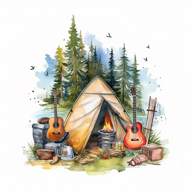 Ilustración en acuarela del campamento de verano