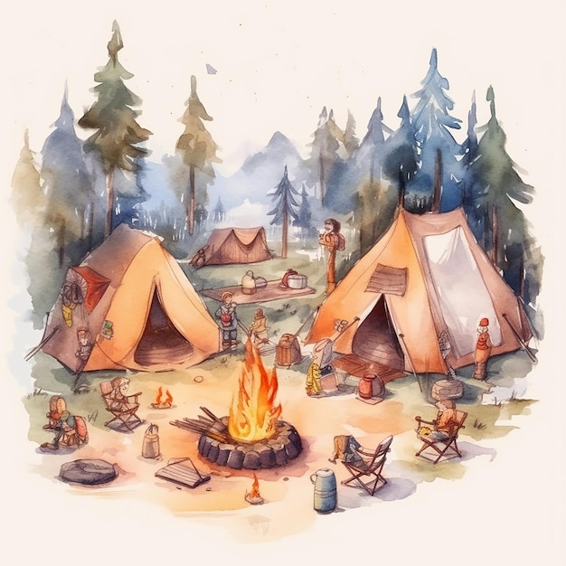 Ilustración en acuarela del campamento de verano