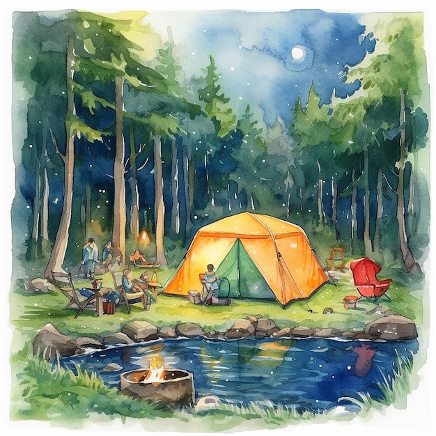 Ilustración en acuarela del campamento de verano