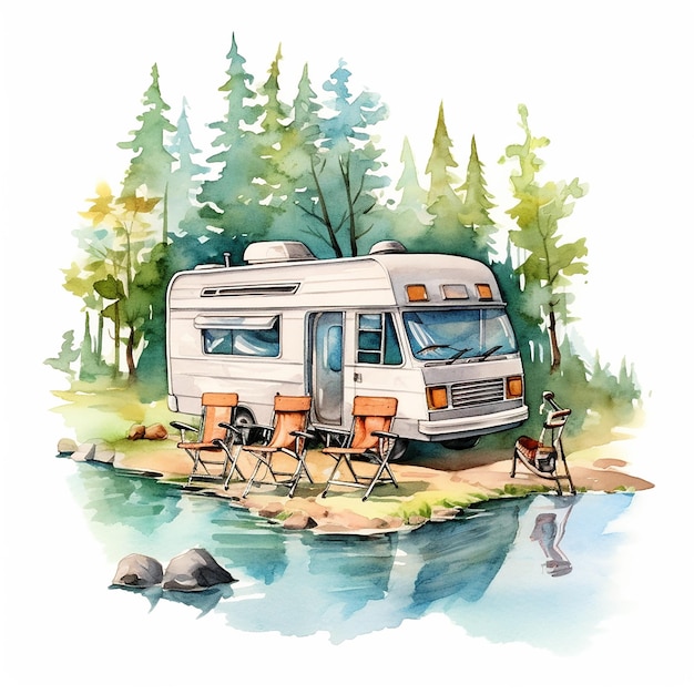 Ilustración en acuarela del campamento de verano