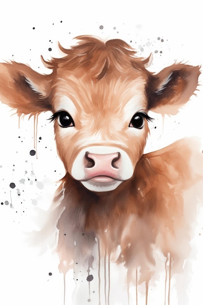 Ilustración acuarela de una cara de vaca bebé sobre fondo blanco