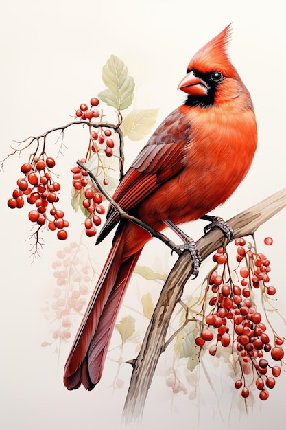 Foto ilustración acuarela de cardenal sentado sobre un fondo blanco de arbusto de serbal