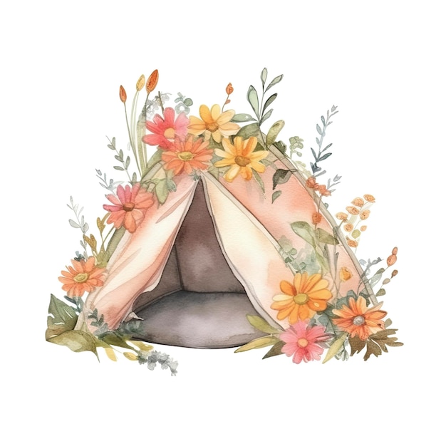 Ilustración acuarela de una carpa boho con flores.