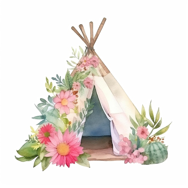 Ilustración acuarela de una carpa boho con flores.