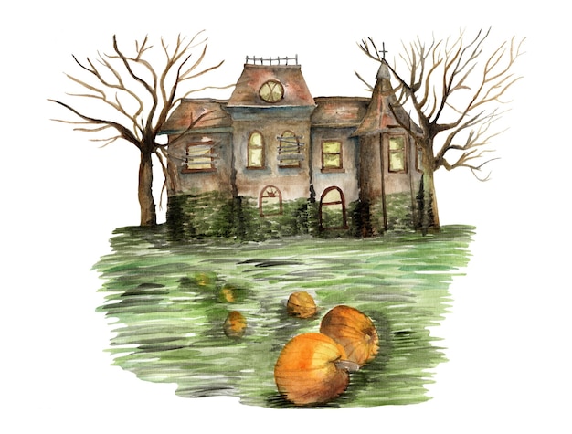 Ilustración acuarela de casa de Halloween y calabazas.