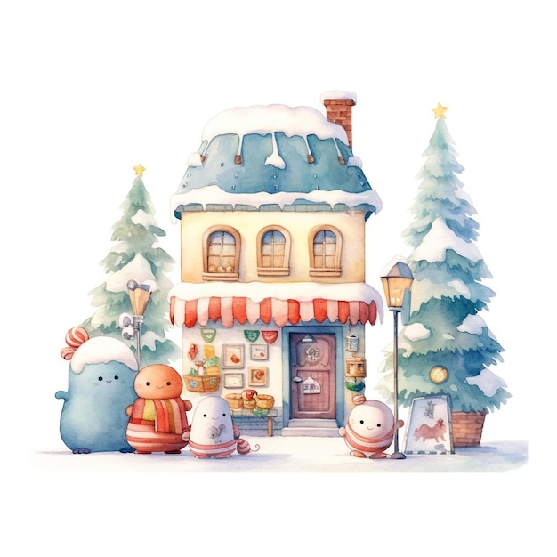 Una ilustración en acuarela de una casa con un muñeco de nieve y un muñeco de nieve.