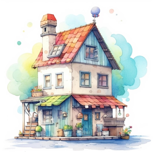 Ilustración acuarela de una casa con un techo colorido.