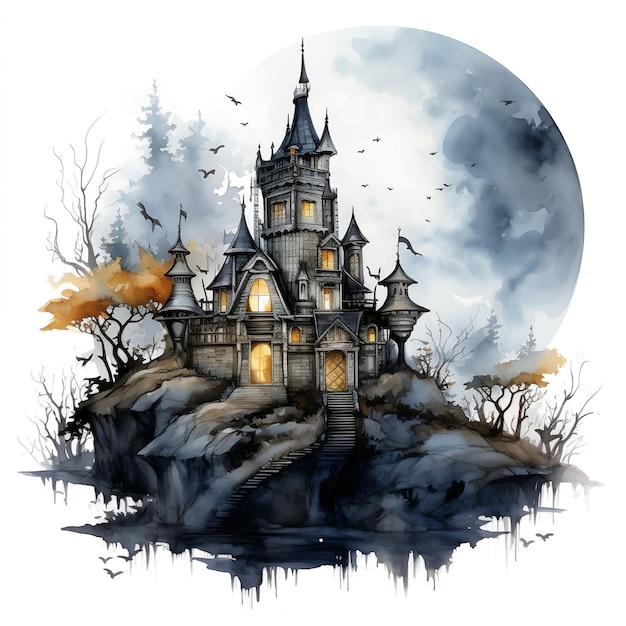 Ilustración en acuarela de un castillo espeluznante en un acantilado al estilo Halloween