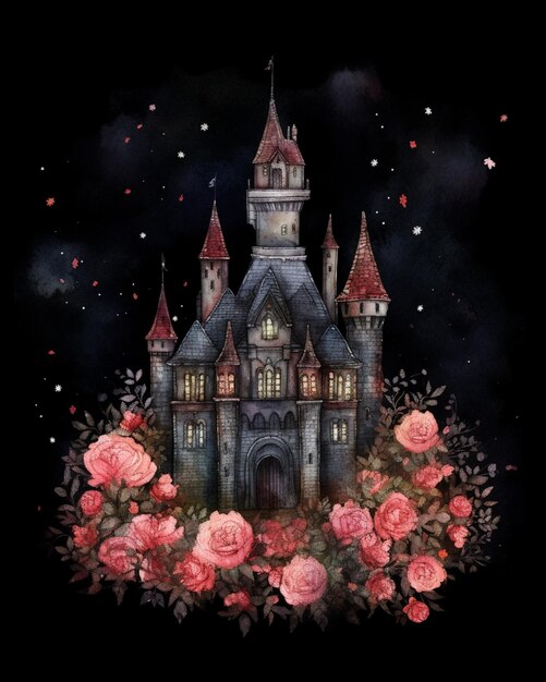 Ilustración acuarela de un castillo con rosas sobre un fondo oscuro.