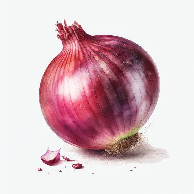 Ilustración acuarela de una cebolla roja sobre un fondo blanco.