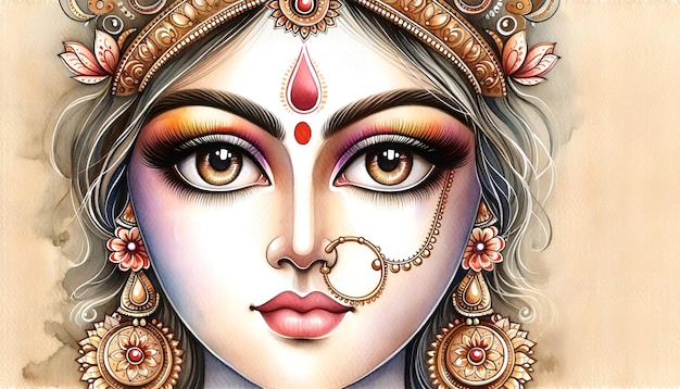 Foto ilustración en acuarela para chaitra navratri con el rostro de la diosa durga