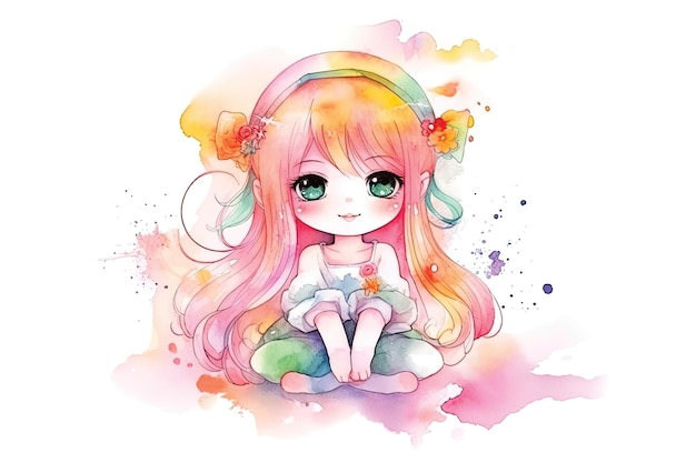 Una ilustración acuarela de una chica con el pelo rosa y unos auriculares de color arcoíris se asienta sobre un fondo colorido.