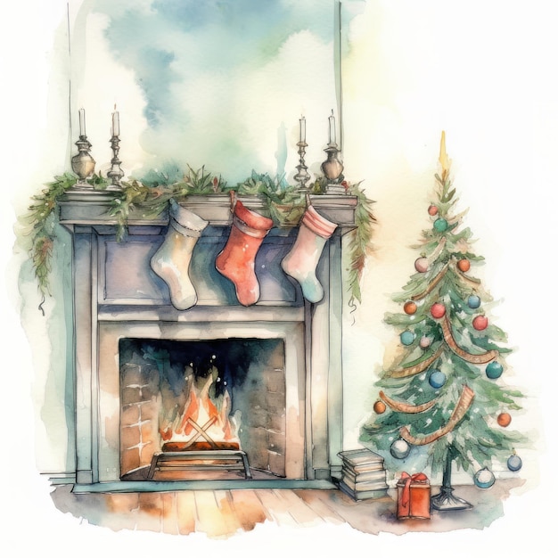 Ilustración en acuarela de una chimenea con calcetines y regalos para el árbol de Navidad