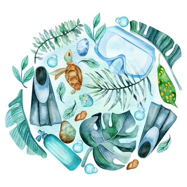 Ilustración en acuarela en un círculo artículos de snorkel hojas tropicales máscara aletas de natación tanque de oxígeno