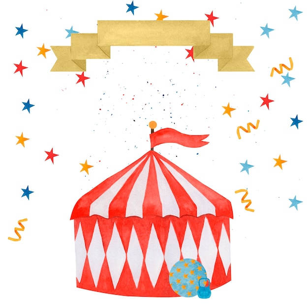 Ilustración en acuarela de una clásica tienda de circo vintage con bola de rayas rojas y blancas y confeti de estrellas resaltado sobre un fondo blanco para invitaciones de tarjetas de felicitación para niños