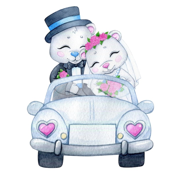 Ilustración acuarela de un coche de bodas con osos