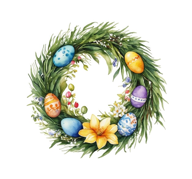 Ilustración en acuarela de una colorida corona de huevos de Pascua