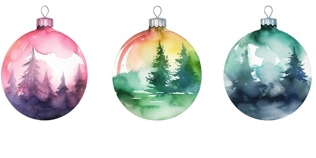 Ilustración en acuarela de las coloridas decoraciones del árbol de Año Nuevo