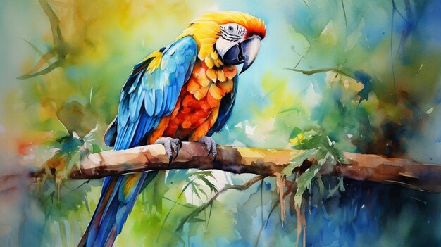 Ilustración en acuarela de las coloridas especies de loros