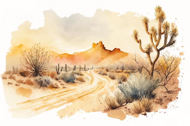 Ilustración acuarela de un colorido desierto con cactus