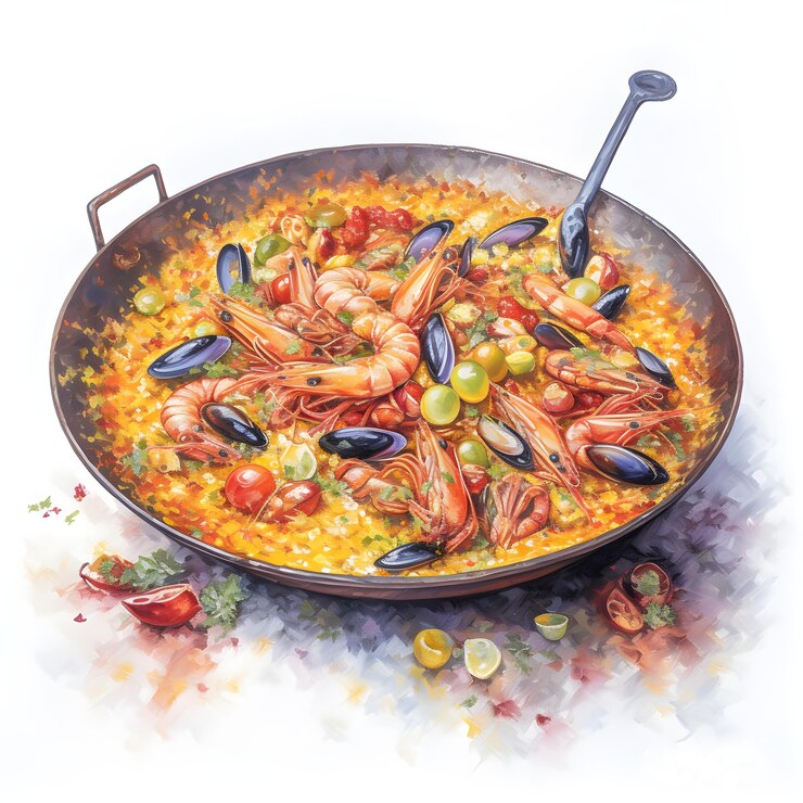 Ilustración en acuarela de la comida paella aislada sobre un fondo blanco IA generativa