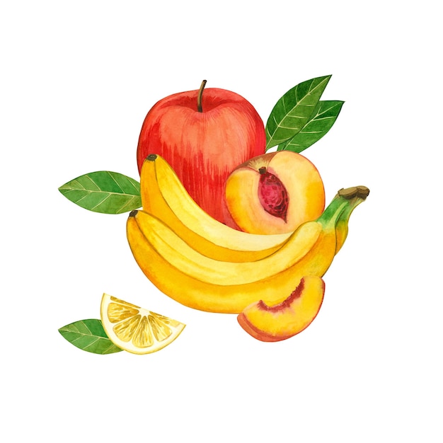 Ilustración en acuarela Composición de la fruta plátanos manzana roja melocotones pedazos de fruta