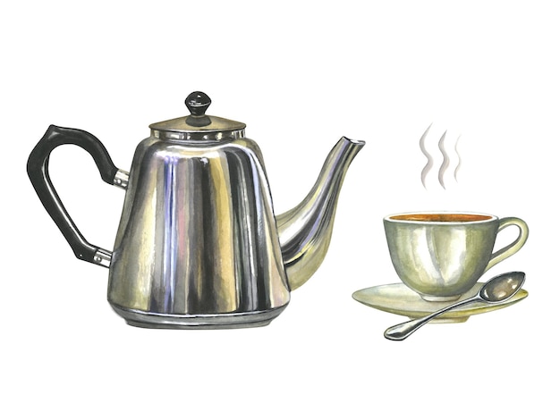 Ilustración en acuarela composición de tetera de metal taza de porcelana de té caliente con cuchara de platillo