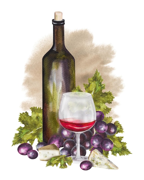Ilustración de acuarela composición de vino con una botella de vino diferentes tipos de queso y uvas conjunto de vino para varios diseños