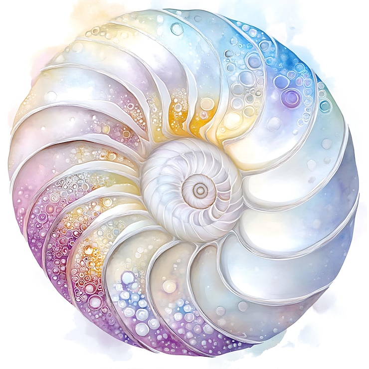 Foto ilustración en acuarela de una concha de nautilus con detalles intrincados y un colorido gradiente