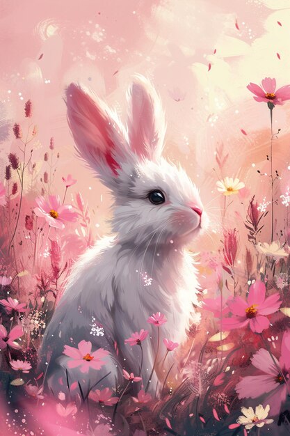 Ilustración en acuarela de un conejo lindo sentado en el campo de primavera Banderas o tarjetas de Feliz Pascua