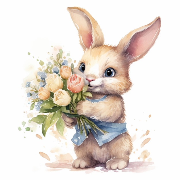 Ilustración acuarela de un conejo con un ramo de flores.