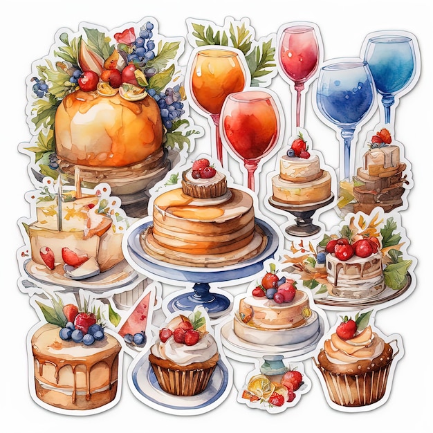 Ilustración acuarela conjunto de dulces postres pasteles bayas dulces bayas frutas y berr