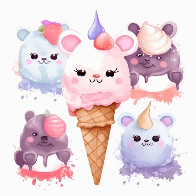 Una ilustración de acuarela de un cono de helado de unicornio con un lindo ratoncito y un cerdo.