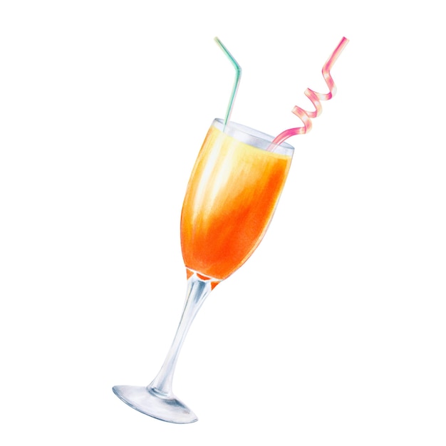 Ilustración en acuarela de una copa de vidrio con cóctel naranja con tubos rosados y azules para bebidas Ref