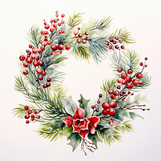 Ilustración en acuarela de la corona decorativa de Navidad sobre un fondo blanco