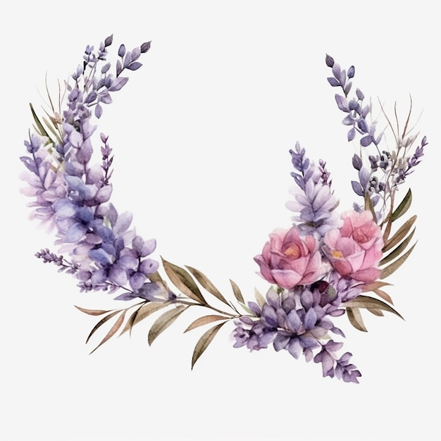 Ilustración acuarela de una corona de flores con una rama de lavanda.