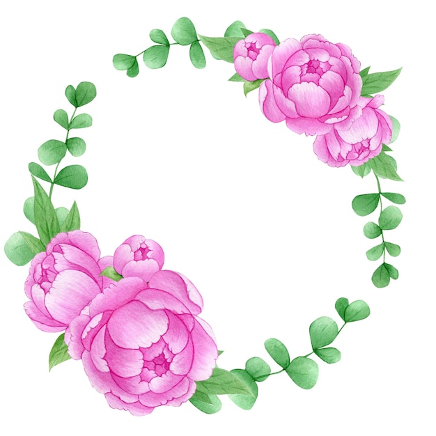 Ilustración acuarela de una corona de peonía rosa