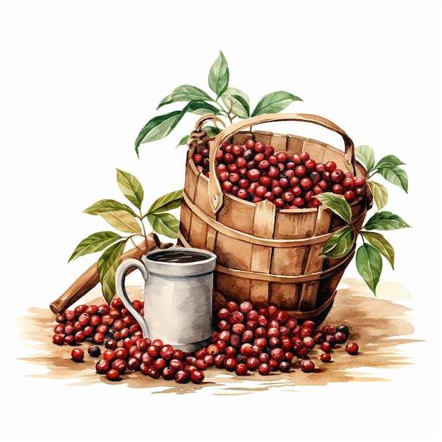 Ilustración de acuarela de la cosecha de café en fondo blanco