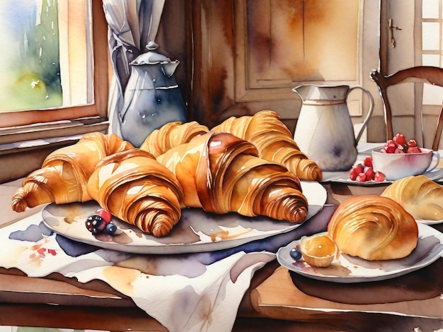 Ilustración en acuarela de los croissants